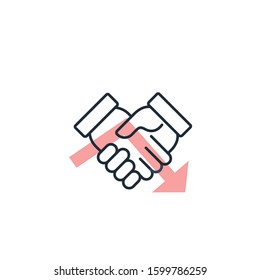 Red down arrow shaking hands. Worsening relationships, distrust. Vector linear icon on a white background.