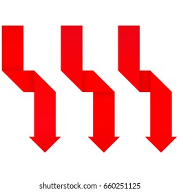 Red DOWN arrows. Origami folded paper. Vector 3d illustration isolated on white background