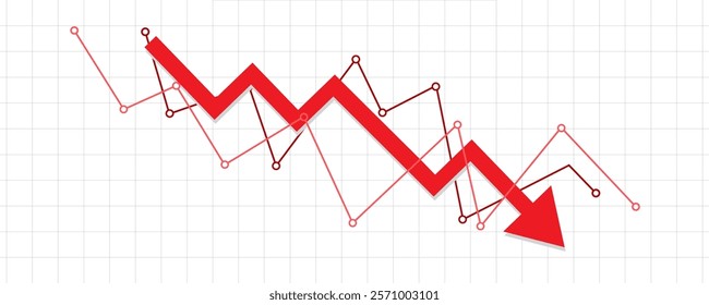 red down, bear market fall arrow with two support market lines falling down in the business market, profit in grey transparent chart lines background banner template