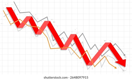 Red down fall profit business chart with grey, yellow support lines template for business, money save, bankrupt, loan, savings 