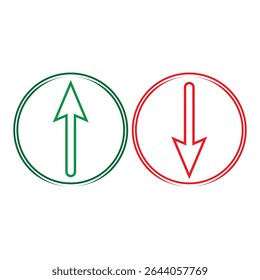 Vector rojo abajo verde arriba del signo del icono de la flecha. Análisis de trading de criptomonedas, acciones y divisas.