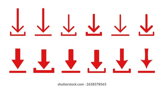 Ícone vermelho de download, seta para baixo vermelha, ícone de download vetorial, botão de download vermelho. Vermelho.