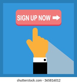 Red download now button with pointing hand on blue background. Flat illustration. Sign up icon.
