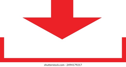 Red download symbol icon. Red line drawing on white background with isolated.