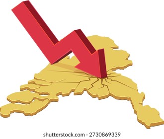A red downward arrow crashing into a yellow map of Netherlands, creating cracks. Symbolizes economic crisis, recession, or market crash in the country (cut out)