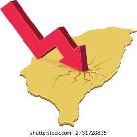 A red downward arrow crashing into a yellow map of Taiwan, creating cracks. Symbolizes economic crisis, recession, or market crash in the country (cut out)