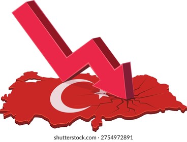 A red downward arrow crashing into and cracking a Turkey map, representing economic collapse, recession and financial instability. (cut out)