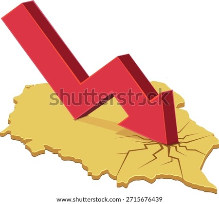 A red downward arrow crashing into a gold map of Poland, creating cracks. Symbolizes economic crisis, recession, or market crash in the country. (cut out)