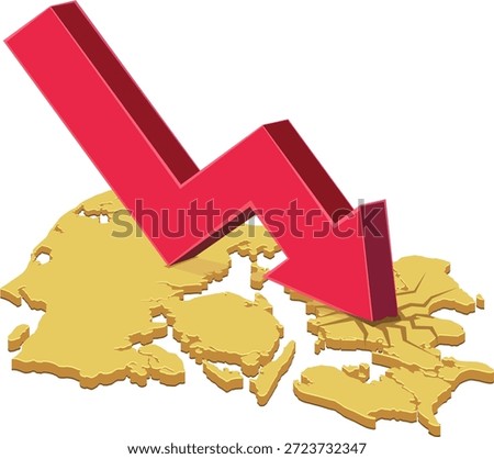 A red downward arrow crashing into a yellos map of Denmark, creating cracks. Symbolizes economic crisis, recession, or market crash in the country. (cut out)