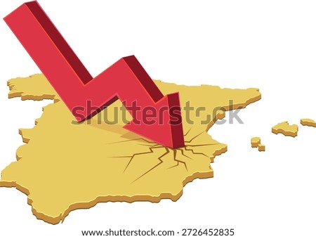 A red downward arrow crashing into a yellow map of Spain, creating cracks. Symbolizes economic crisis, recession, or market crash in the country. (cut out)