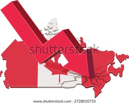 A red downward arrow crashing into a map of Canada with national flag colors. Symbolizes economic crisis, market crash, or financial recession in the country. (cut out)