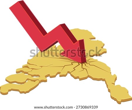 A red downward arrow crashing into a yellow map of Netherlands, creating cracks. Symbolizes economic crisis, recession, or market crash in the country (cut out)