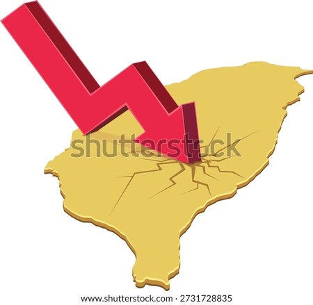 A red downward arrow crashing into a yellow map of Taiwan, creating cracks. Symbolizes economic crisis, recession, or market crash in the country (cut out)