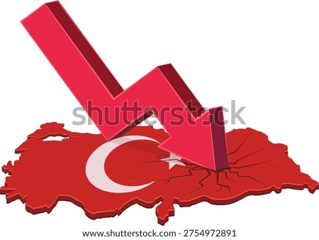 A red downward arrow crashing into and cracking a Turkey map, representing economic collapse, recession and financial instability. (cut out)