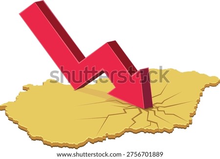 Red downward arrow crashing into a cracked yellow map of Hungary representing economic downturn, inflation, stock market collapse, and national financial instability (cut out)