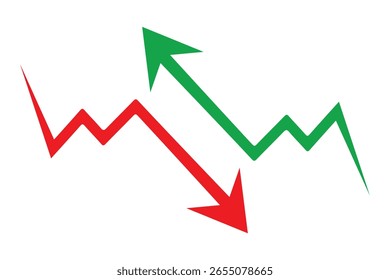 Seta para baixo vermelha e seta para cima verde gráfico sobre fundo branco conceito financeiro