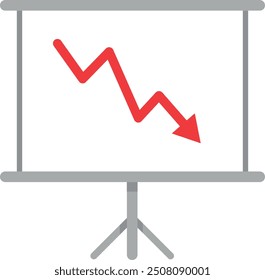 Roter Abwärtspfeil auf einer Präsentationsplatte, der einen Rückgang oder einen negativen Trend in der Datenanalyse anzeigt.