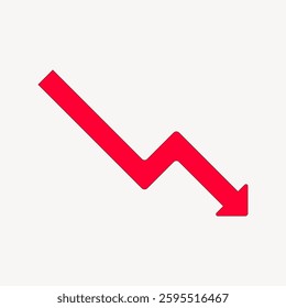 Red downward arrow on a white background. The arrow points down, symbolizing decline. Simple, bold design. Represents decrease, downward trend, or loss. Vector element.