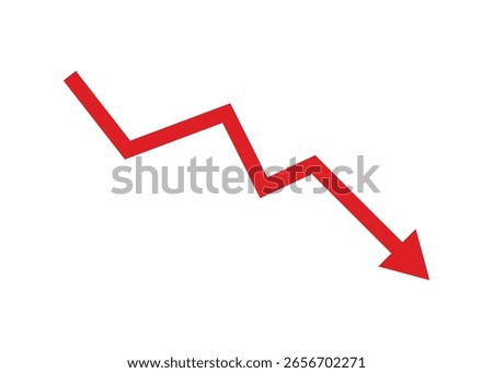 Red downward jagged arrow icon symbolizing decline, loss, negative trend, financial drop, and business decrease
