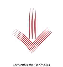 Red downward pointing pen drawn arrow icon sketched as vector symbol.