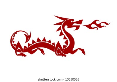 Red Dragon. Artistic silhouette of a walking fairytail dragon created in the form of vector graphics.