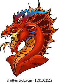 Red dragon with blue horns. Angry fantasy creature. Vector illustration isolated on white