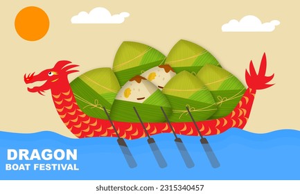 un bote de dragón rojo con bolas de volante, Bacang o zongzi. Panadería hecha de arroz glutinoso con cerdo, setas shiitake, yema de huevo salado, apio y jengibre conmemorando el DRAGON BOAT FESTIVAL