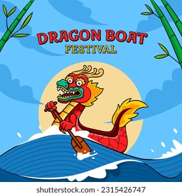 Red dragon boat racer padlling vector cartoon character.
