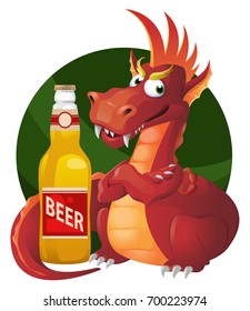 Red Dragon and bottle of beer. Oktoberfest Party or just a weekend. Cartoon styled vector illustration. Elements is grouped for easy edit. No transparent objects.