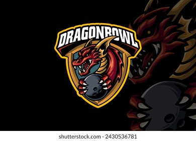 dragón rojo con el logotipo de la mascota de la bola de boliche para el juego del deporte y el club del equipo del deporte