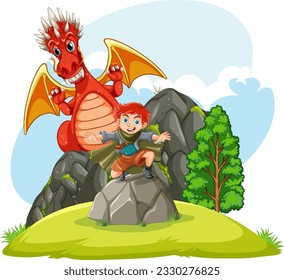 Red Dragon with Boy Character illustration