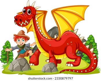 Red Dragon with Boy Character illustration