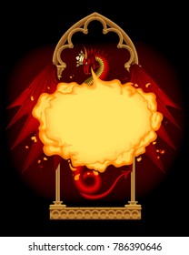 El dragón rojo respira fuego con una corona dorada y marco de arquitectura gótica sobre el negro. Banner, afiche y portada de fantasía. Ilustración del vector