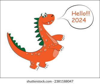 Red dragon cartoon dinosaur new year 2024. Lettering hello 2024. Vector illustration EPS10.