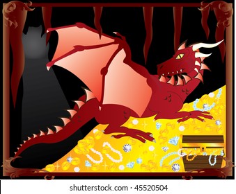 Red dragon in cave guarding treasures