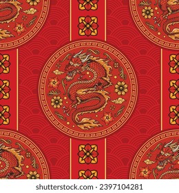 Red dragon colorful seamless pattern with mythical monster for design of national clothing and accessories vector illustration