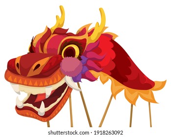 Red dragon costume ready to perform its traditional dance during Chinese holidays, isolated over white background.
