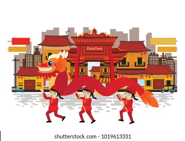 Red dragon dance in china town, vector illustration