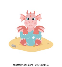 Red dragon in egg shell sitting on sand. Cute cartoon character in flat style. Vector illustration on white background.