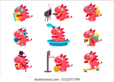 Red Dragon Everyday Activities Set Of Illustrations