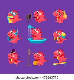 Red Dragon Everyday Activities Set Of Illustrations