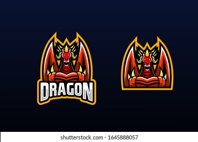 the red dragon faced forward with an angry expression and its wings spread and its horns looked up suitable for team logo or esport logo  and mascot logo, or tshirt design