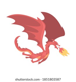 Red Dragon Fairytale Animal with Wings Cartoon Style Vector Illustration
