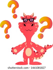 Red dragon is feeling confused, illustration, vector on white background.