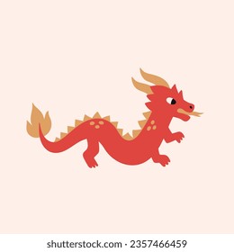 Red Dragon flat cartoon style. Oriental fantasy animal isolated on beige background. Vector illustration with asian fairytale character. Chinese zodiac sign. New year symbol. 