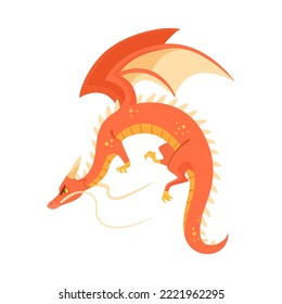 Red dragon flying and fighting cartoon illustration. Cute magical creature on white background. Fantasy, reptile concept