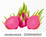 Red Dragon fruit. Fresh ripe Pitaya, cut pitahaya with red flesh and black seeds. Exotic dragon fruit isolated on transparent background. Summer tropical vitamin food. Realistic 3d vector illustration