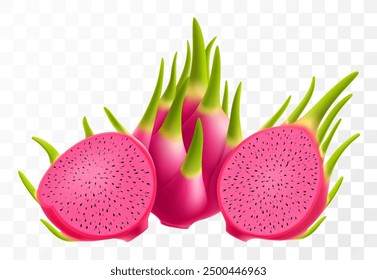 Rote Drachenfrucht. Frisch reife Pitaya, schneiden Pitahaya mit rotem Fleisch und schwarzen Samen. Exotische Drachenfrucht einzeln auf transparentem Hintergrund. Tropisches Sommerfutter mit Vitaminen Realistische 3D-Vektorgrafik