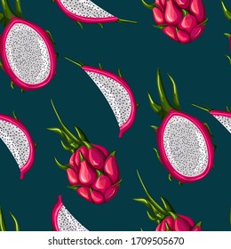 Red dragon fruit seamless pattern on black background. Whole, half and slice. Tropical fruits wallpaper. Design for wrapping paper, textile print, fabric. Vector illustration