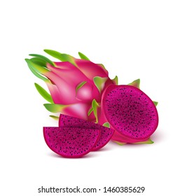 Red dragon fruit. Tropical fruits realistic 3d Design Element. Vector Illustration. 